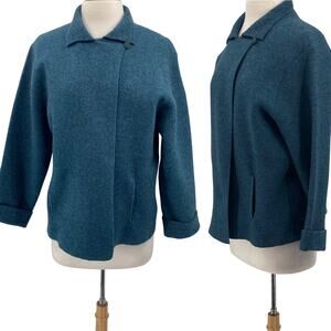 Eileen Fisher Wool Sweater Coat Asymmetric Button Cuffed Sleeves Blue Womens M